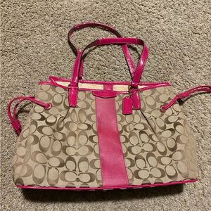 Coach signature drawstring stripe magenta tote bag purse